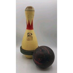 Vtg Brunswick Score King Bowling Wood Rubber Band Pin & 5 Pin Bowling Ball Set